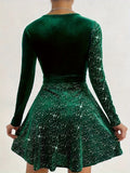 Stunning Solid Contrast Sequin Mini Dress - Elegant V Neck Long Sleeve Dresses for Women - Sparkling Evening Wear with Flattering Fit and Chic Design