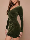 Elegant Velvet Ruched V-Neck Slim Fit Long Sleeve Bodycon Dress for Women - Party & Banquet Wear