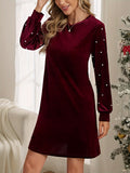 Elegant Velvet Dress with Pearl Accents - Lantern Sleeves, Crew Neck, Machine Washable - Perfect for Fall/Winter