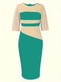 Zjkrl  -  Fashion-Forward Color Block Midi Dress - Versatile Crew Neck Bodycon Style - Perfect for Modern Womens Wardrobe