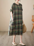 Zjkrl  -  Plus Size Retro Chic Lounge Dress - Soft Plaid Print, Short Sleeve, Crew Neck, Pockets, Comfortable Nightdress for Relaxation