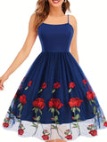 Vintage-Inspired Fitted Cocktail Dress - Elegant Spaghetti Strap, Floral Embroidery, Knit Fabric, Mesh Overlay, 100% Polyester, All-Season Wear, Embroidered, Fitted Silhouette, Comfortable, Party-Perfect - Ideal for Women's F