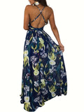 Womens Sexy Spaghetti Strap Deep V Neck Floral Boho Criss Cross Backless Chiffon Beach Party Long Maxi Dress