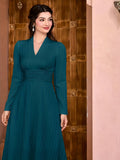 Solid V Neck Dress, Elegant Long Sleeve Shirred Waist Dress, Women's Clothing