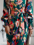 Allover Print Wrap Dress, Elegant V Neck Long Sleeve Dress, Women's Clothing For Elegant Dressing