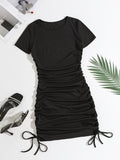 Sexy Mini Bodycon Dress - Crew Neck, Mid-Elastic Polyester, Ruched Detail, Fake Drawstring, Solid Color, Party Perfect for Women - All Seasons, Middle East Style