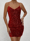 Sultry Sequins Backless V Neck Dress - Sexy Spaghetti Strap, Flowy Silhouette, Club-Ready, Homecoming Party Perfect, Women's Clothing for a Night Out
