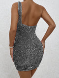Glittering Sequined One Shoulder Bodycon Dress - Flattering Slim Fit for Nightlife & Parties - Fashionable Womens Mini Dress