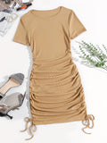 Sexy Mini Bodycon Dress - Crew Neck, Mid-Elastic Polyester, Ruched Detail, Fake Drawstring, Solid Color, Party Perfect for Women - All Seasons, Middle East Style