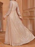 Elegant Sequin V-Neck Maxi Dress with High Waist - Long Sleeve, Floor-Length Evening Gown for Women