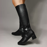 Stylish High-Knee Boots for Women - Comfortable Pull-On Chunky Heel Slim Boots with Back Zipper - Solid Color Minimalist Design for Everyday Wear