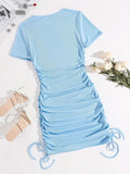 Sexy Mini Bodycon Dress - Crew Neck, Mid-Elastic Polyester, Ruched Detail, Fake Drawstring, Solid Color, Party Perfect for Women - All Seasons, Middle East Style