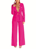 Two-piece Set, Long Sleeve Tie Front Blazer & Tailored Pants Outfits, Casual Solid Women's Clothing