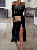 Rhinestone Cold Shoulder Dress, Elegant Long Sleeve Split Dress, Women's Clothing
