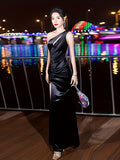 Elegant One Shoulder Velvet Cut Out Dress, Sleeveless Ruched Split Thigh Evening Gown for Party & Banquet, Women's Clothing