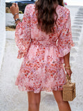 Charming Floral Print V-neck Swing Dress with Belted Waist & Ruffle Flare Sleeves - A Feminine and Elegant Addition to Your Wardrobe - Womens Clothing