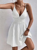 Chic V Neck Backless Cami Dress with Flattering Shirred Waist - Delicate Frill Trim, Sleeveless Spaghetti Strap - Perfect for Spring & Summer Day to Night Style - Womens Clothing