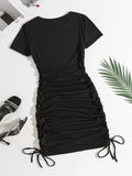 Sexy Mini Bodycon Dress - Crew Neck, Mid-Elastic Polyester, Ruched Detail, Fake Drawstring, Solid Color, Party Perfect for Women - All Seasons, Middle East Style