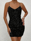 Sultry Sequins Backless V Neck Dress - Sexy Spaghetti Strap, Flowy Silhouette, Club-Ready, Homecoming Party Perfect, Women's Clothing for a Night Out
