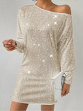 Elegant Long Sleeve Sequined Crew Neck Dress for Women, Perfect Party & Banquet Outfit