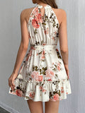 Floral Print Ruffle Hem Dress, Elegant Belted Sleeveless Halter Dress For Spring & Summer, Women's Clothing