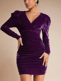 Elegant Velvet Ruched V-Neck Long Sleeve Bodycon Mini Dress for Women's Party & Banquet, Slim Fit, V-Neck, Long Sleeve, Mini Length