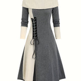 Zjkrl  -  Elegant Vintage Color Block Knit Dress - Easy Care & Comfort Fit for Fall/Spring Elegance, Women’s Fashion