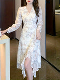 Chic Floral Print Surplice Neck A-line Vacation Dress - Women's Long Sleeve Dresses for Spring & Fall - Comfortable, Relaxed Fit, V-Neck, Flared Hem, Perfect for Outdoor Activities
