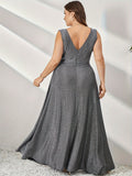 Plus Size Sparkling V-neck Formal Dress - Elegant Sleeveless A-line Ball Gown for Party, Banquet, and Special Occasions, Women's Plus Size Clothing with Glamorous Details