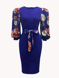 Elegant Floral Bodycon Dress with Lantern Sleeves & Crew Neck - Chic Spring & Fall Fashion for Women