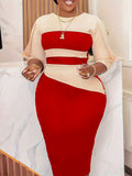 Zjkrl  -  Fashion-Forward Color Block Midi Dress - Versatile Crew Neck Bodycon Style - Perfect for Modern Womens Wardrobe