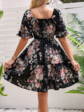 Charming Floral Print Dress with Adjustable Shirred Waist - Chic Short Sleeve Square Neck Design for Women - Perfect Casual Style