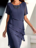Layered Trim Crew Neck Dress, Elegant Short Sleeve Dress For Spring & Summer, Women's Clothing