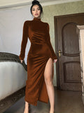Chic Ruched Split Thigh Dress - High Collar, Long Sleeve, Solid Hue, Elegant Party Wear for Women - Fashionable & Form-Fitting
