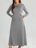 Elegant Long Sleeve Maxi Fit and Flare Dress with Pockets - Soft High Elasticity Polyester Fabric, Solid Color, Cowl Neck, Comfortable for All Seasons - Womens Everyday Wear