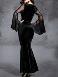 Elegant Gothic Velvet Mermaid Dress: Stretchy Polyester Blend, Low Neck, Semi-Sheer, Machine Washable with Contrast Mesh & Ruffle Sleeves
