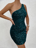 Glittering Sequined One Shoulder Bodycon Dress - Flattering Slim Fit for Nightlife & Parties - Fashionable Womens Mini Dress
