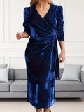 Plus Size Ruched Velvet Dress - Elegant Surplice Neck, Flattering Silhouette, Comfortable Women's Clothing for Special Occasions