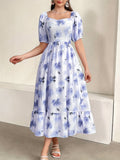 Charming Floral Print Square Neck Aline Dress - Flirty Short Sleeves with Ruffle Trim, Timeless Style for Spring & Summer - Feminine, Elegant Womens Clothing