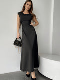 Elegant Peplum Maxi Dress for Women - Polyester Blend, Crew Neck, Solid Color, Sleeveless, Woven Summer Dress