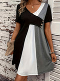 Zjkrl  -  Vibrant Color Block V-Neck Chic Dress - Women's Casual Short Sleeve Loose Fit Dresses for Everyday Wear - Comfortable, Breathable, and Stylish Clothing for Ladies