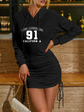 Palm Tree Letter Hooded Bodycon Dress - Drawstring Waist, Mid-Elastic Polyester, Casual Fall & Winter Wear, Alphabets Pattern, Positioning Printing, Knit Fabric - Womens Fashionable Clothing for Adults