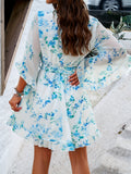 Charming Floral Print V-neck Swing Dress with Belted Waist & Ruffle Flare Sleeves - A Feminine and Elegant Addition to Your Wardrobe - Womens Clothing