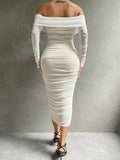 Glamorous Off-Shoulder Ruched Bodycon Dress - Chic Long Sleeve Evening Gown for Parties & Banquets - Premium Womens Fashion