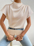 Elegant Solid Pleated Blouse - Chic Mock Neck, Short Sleeves, Back Keyhole Detail, Breathable Fabric, Perfect for Spring & Summer, Women's Fashion Clothing