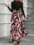 1pc Vintage Style Women'S Long Knit Dress with Floral Print and Contrast Color Puff Sleeves, Round Neck, Polyester, Loose Fit Skirt, Two-Tone Design for Autumn/Winter