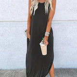 Zjkrl  -  Womens Fashionable Crew Neck Asymmetrical Maxi Dress - Sleeveless & Split Design, Effortlessly Chic for Summer Beach Vacations - A Must-Have Womens Clothing Staple