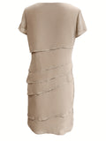 Layered Trim Crew Neck Dress, Elegant Short Sleeve Dress For Spring & Summer, Women's Clothing