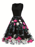 Adult Women's All-Season Vintage Floral Print Embroidered V-Neck Polyester Blouse Dress