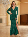 Long Sleeve Sequin Ruched Mermaid Bodycon Dress - Elegant V-Neck Plunging Split Evening Gown for Women - Hand Washable, Micro Elastic, Solid Color, Customized, All-Season Party & Banquet Outfit